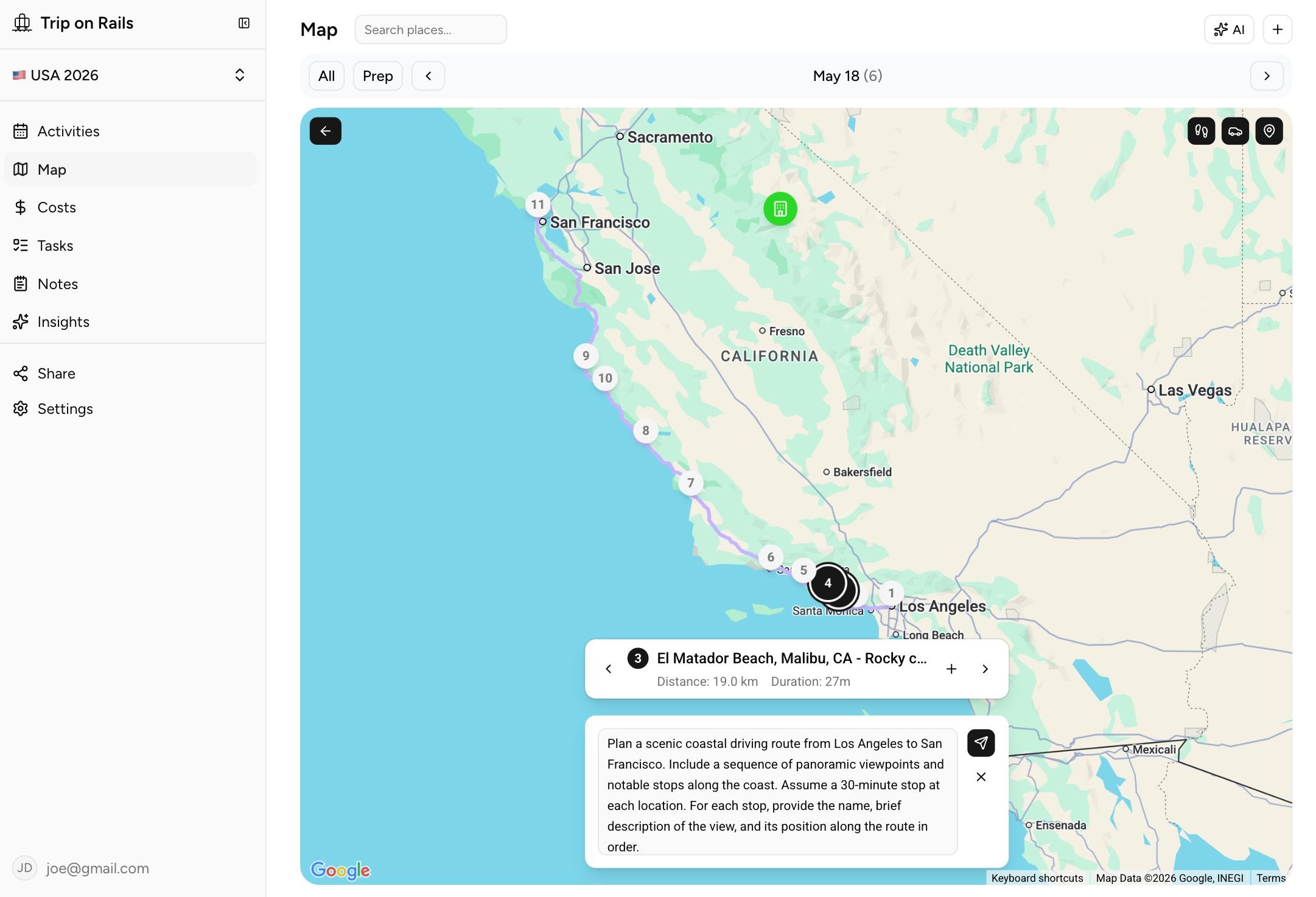 Trip management app with map and itinerary